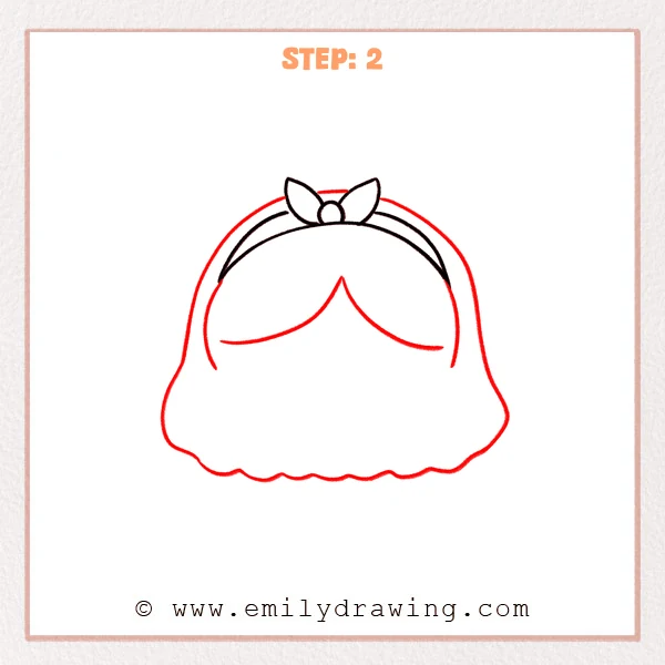 how to draw a girl face - Step 2 of how to draw a girl face adds the full hair outline under the headband and two curved bang lines for a center part.
